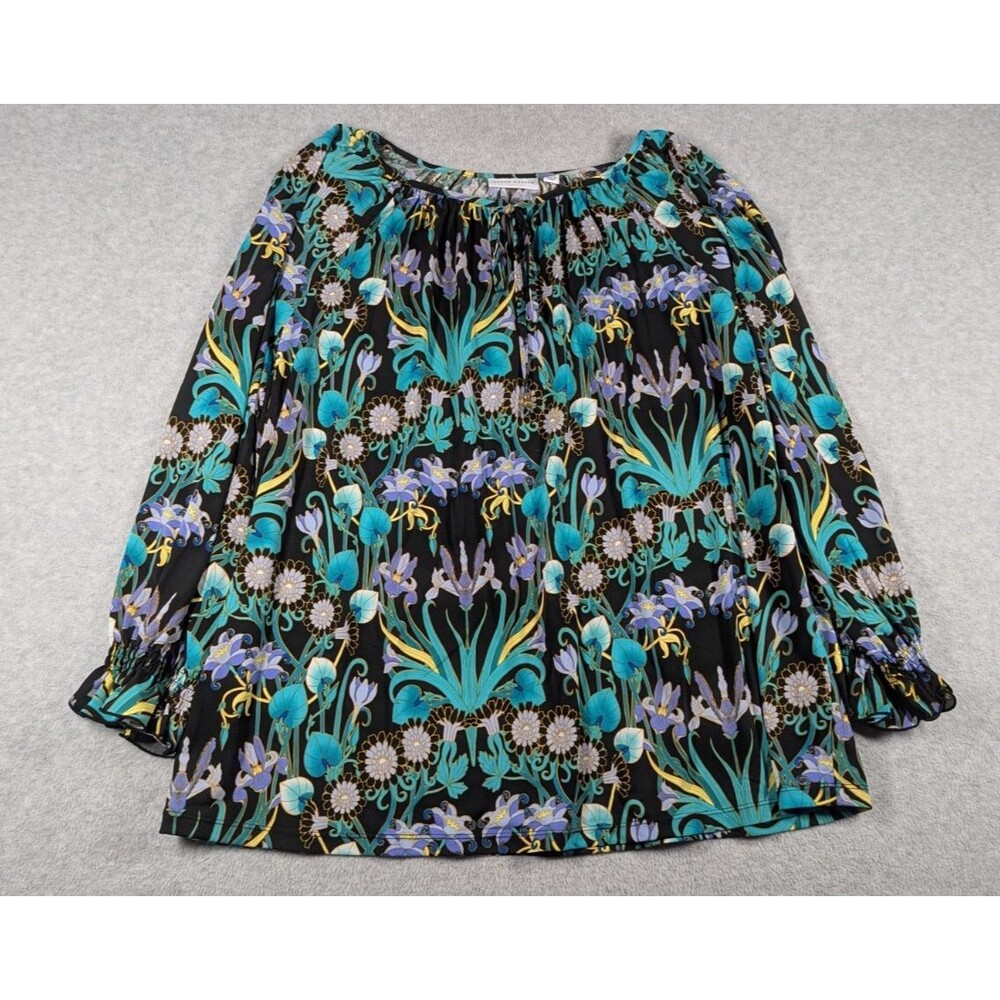 Susan Graver Women Top 2X Whimsical Floral Tie Neck Liquid Stretch Smock Cuffs